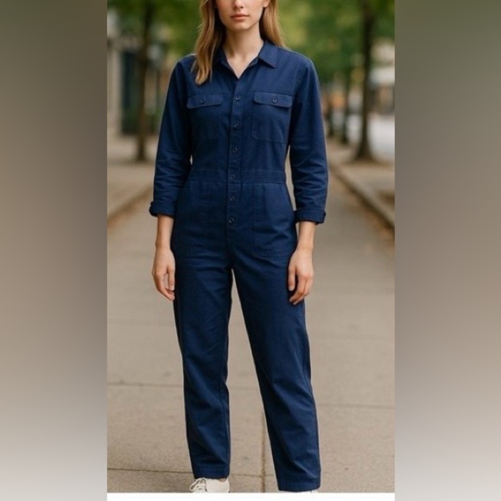 Outerknown SEA Suit Jumpsuit Navy Long Sleeve Button Up Cotton Linen NEW Medium